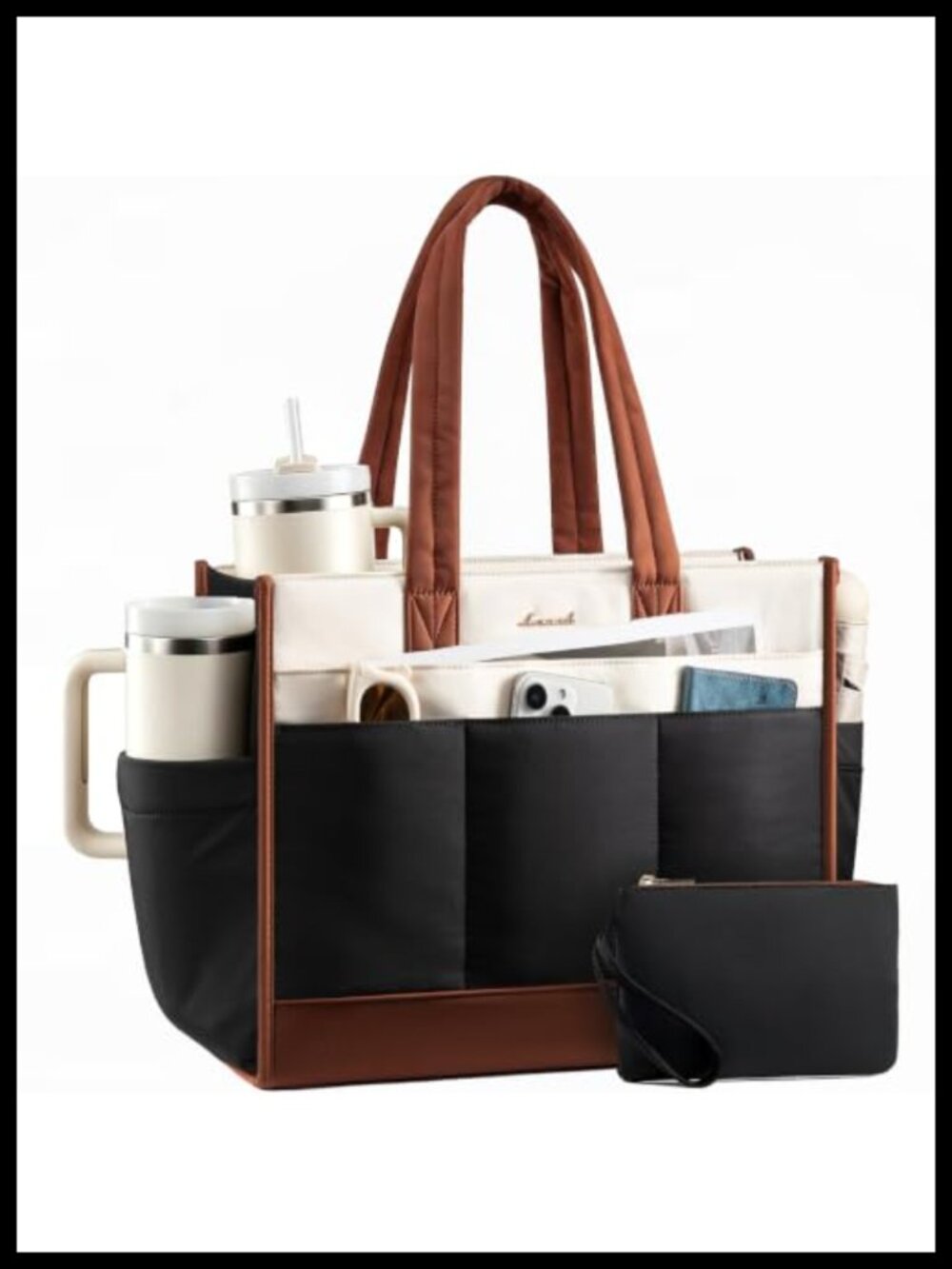 Quilted Work Tote Bag for Women with 15.6 Inch Laptop Sleeve and 40oz Cup Holder